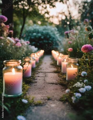 Multiple candles in glass jars lining a garden path, their light guiding the way through blooming flowers and lush greenery as evening falls