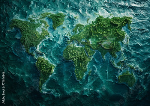 Textured Green Continents Amidst Deep Blue Oceans: An Artistic World Map