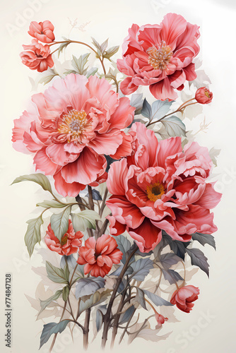 Red wild Roses vintage illustration on cream background