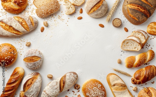 Homemade natural breads. Different kinds of fresh bread as background, top view with copy space