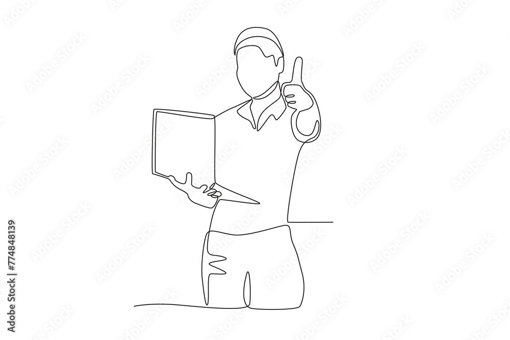 Happy business man holding laptop giving thumbs up.Business success one-line drawing Happy business man holding laptop giving thumbs up.Business success one-line drawing