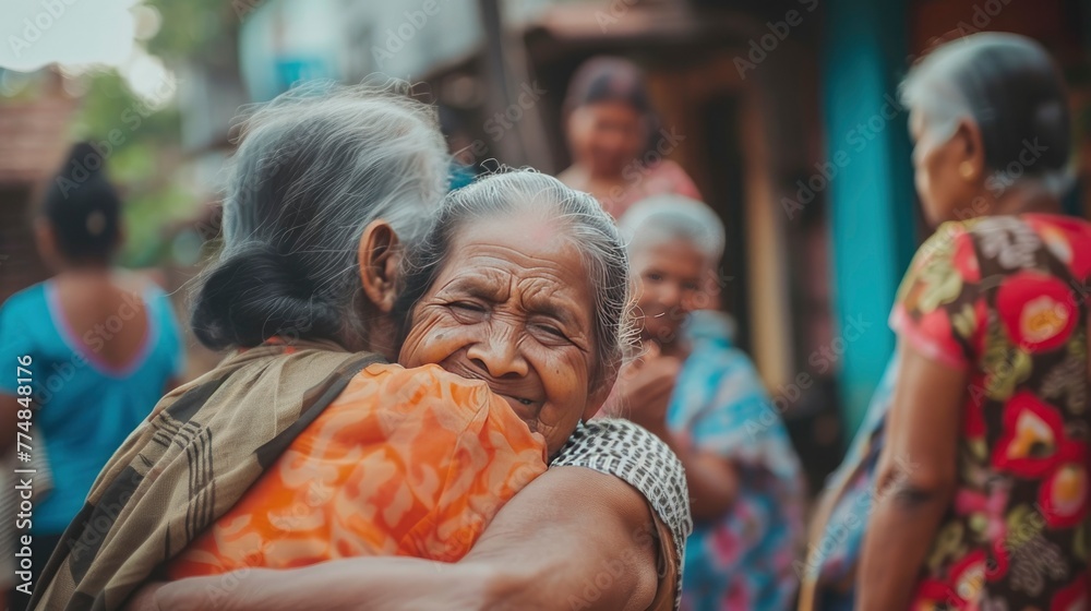 A dry woman hugs and serves the elderly women of the old age home A dry woman hugs and serves the elderly women of the old age home