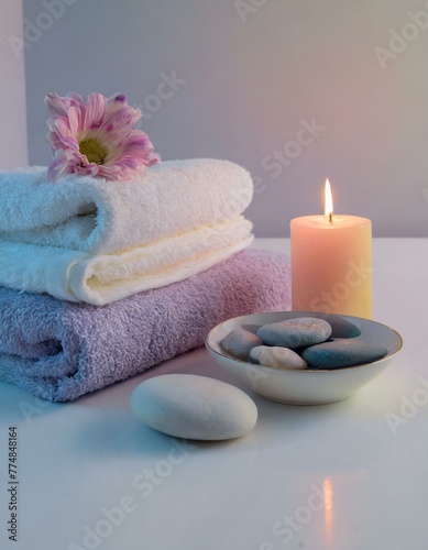 A tranquil spa corner where a gently scented candle burns beside a stack of fluffy towels, a bowl of floating flowers, and smooth pebbles, creating a sanctuary for relaxation.
