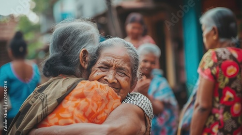 A dry woman hugs and serves the elderly women of the old age home 