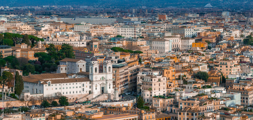 Aerial view of Rome, Italy, at dawn or dusk. Piazza di Spagna in Rome, italy. Spanish steps in Rome, Italy in the morning. One of the most famous squares in Rome, Italy. 
