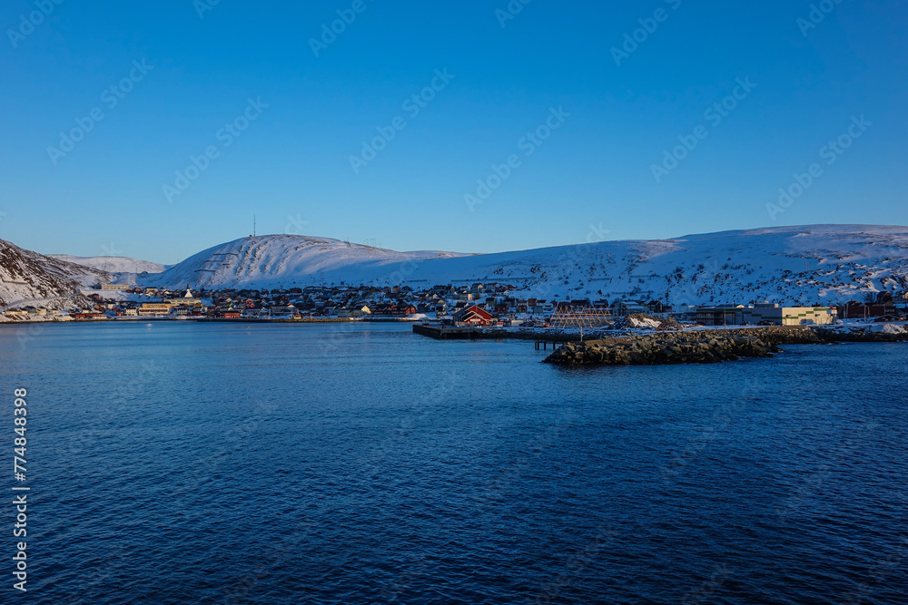 Kjollefjord in winter as seen from a ship, Norway