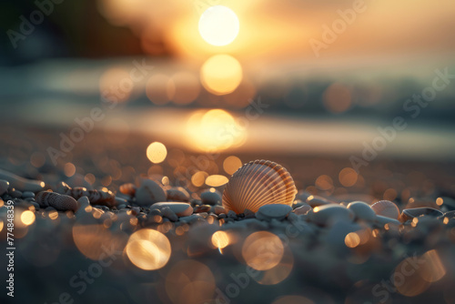Small shell on the beach with blurred soft sea, selective focus with space for text or inscriptions
 photo