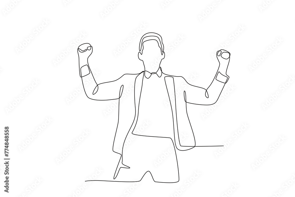 Happy successful business man proud of himself.Business success one-line drawing