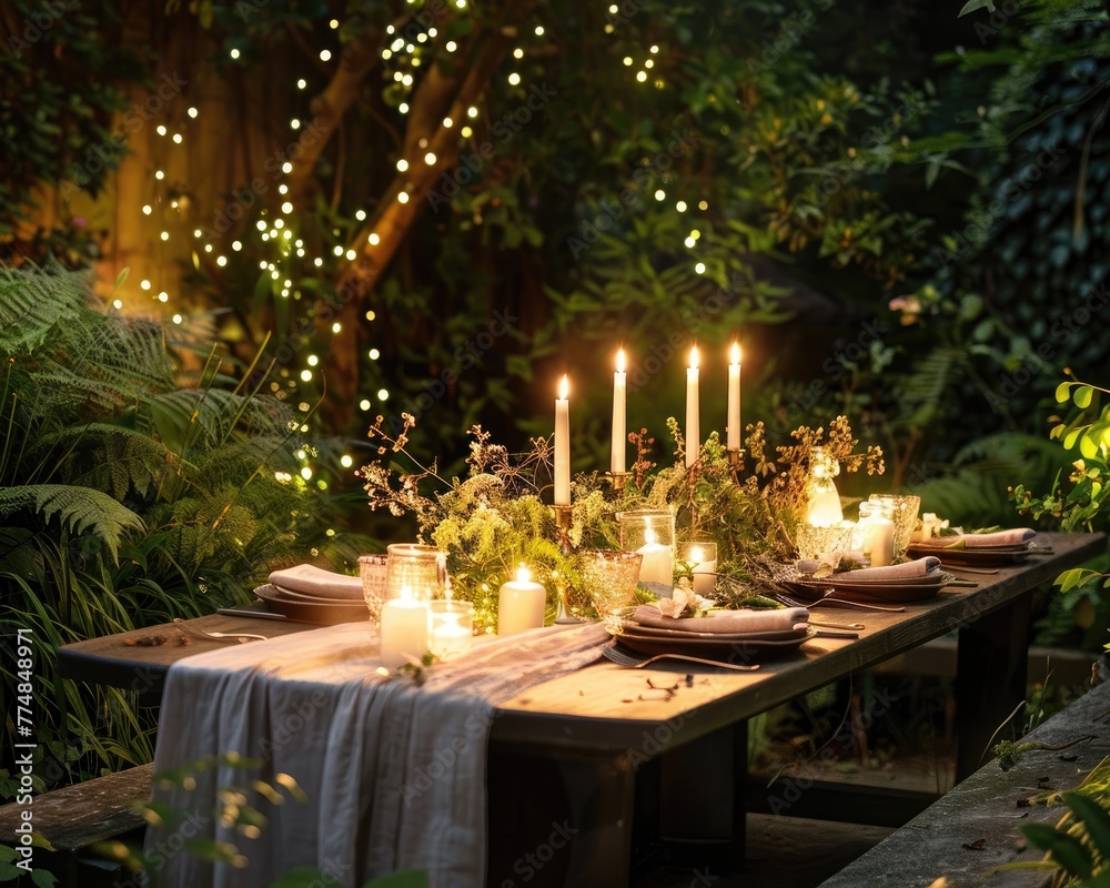 romantic candlelit dinner setup in a garden