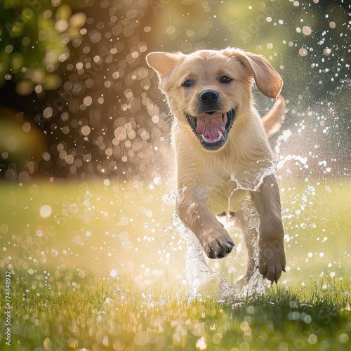 Joyful labrador retriever puppy running through a sprinkler in the backyard on a hot summer day