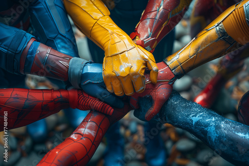 Diverse group of hands, in different superhero costumes, coming together in unity, teamwork and solidarity. The power of unity and the strength that comes from people with different abilities.