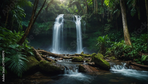 A cascading waterfall hidden deep within a lush jungle.