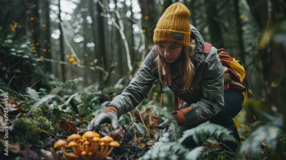 Woman harvesting mushrooms in a forest created with Generative AI Woman harvesting mushrooms in a forest created with Generative AI
