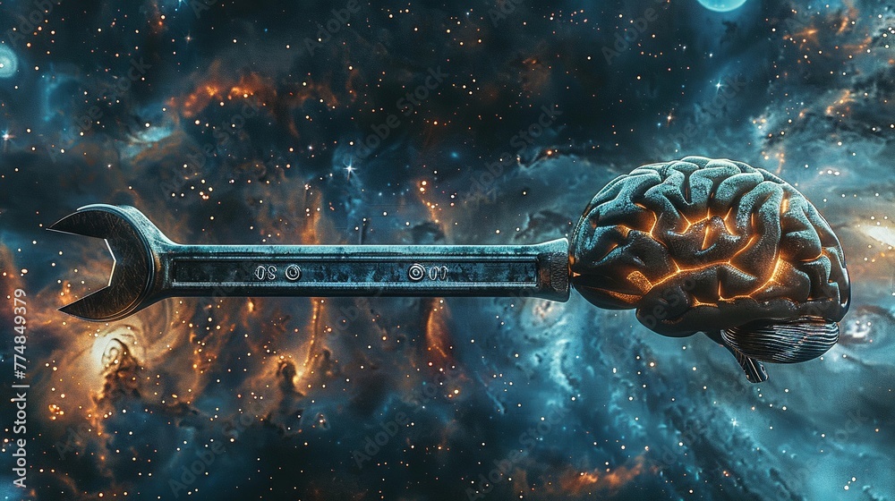 Conceptual image of a wrench merging with an Xray of a brain, set against a cosmic background, illustrating the universe of wisdom , high detailed Conceptual image of a wrench merging with an Xray of a brain, set against a cosmic background, illustrating the universe of wisdom , high detailed