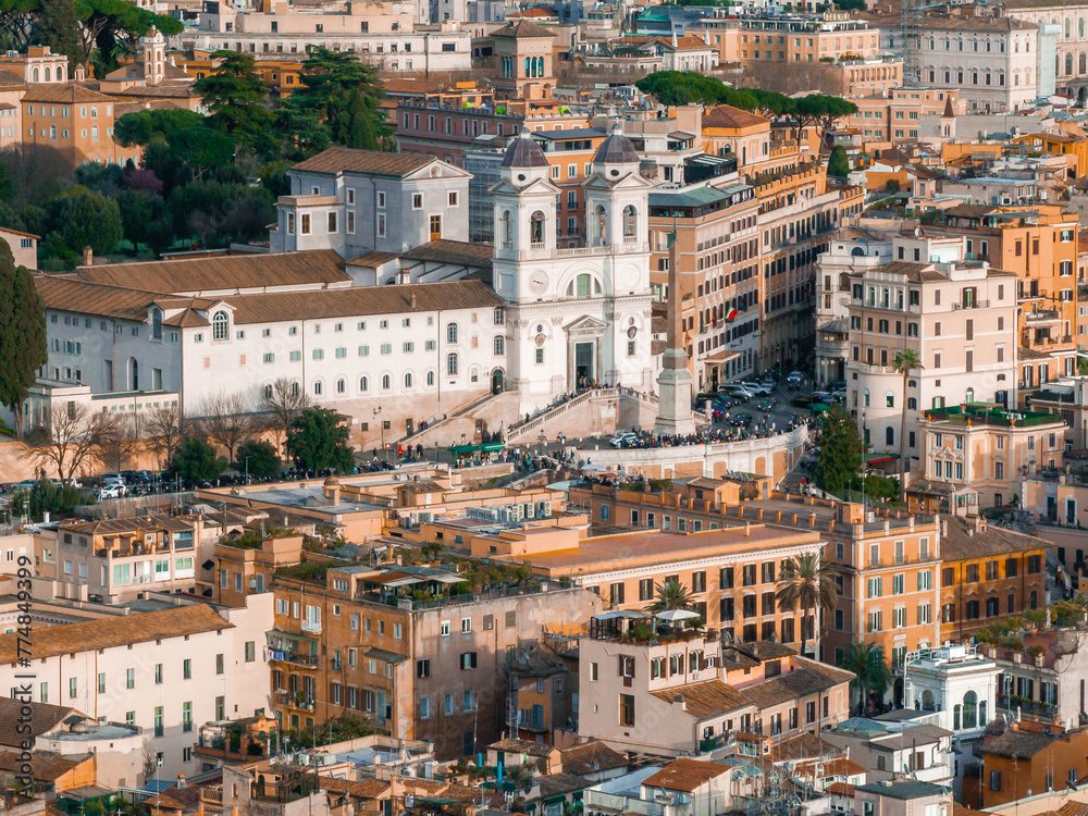 Aerial view of Rome, Italy, at dawn or dusk. Piazza di Spagna in Rome, italy. Spanish steps in Rome, Italy in the morning. One of the most famous squares in Rome, Italy. 