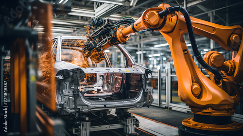 Close-up of a car engine in an industrial setting,Robot arm mechine working in factory. photo