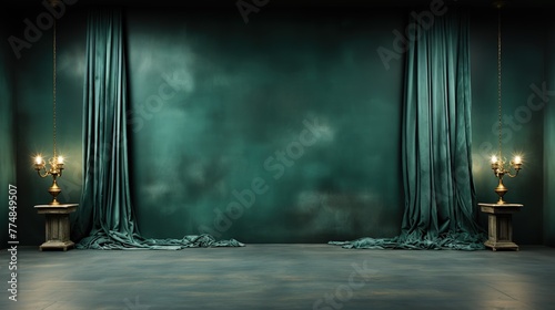 Green wall and curtains with copy space for text. Empty room with green curtains. Empty wall.