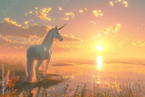 Unicorn beside translucent lake, sunrise, side angle, peaceful nature style , 8K render © sorrakrit