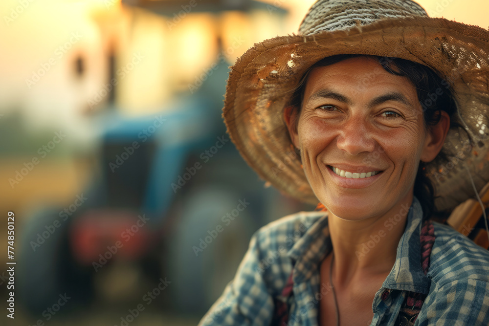 Smiling portrait of a working middle-aged female farmer in a straw hat and shirt on a blurred background with space for text or inscriptions
