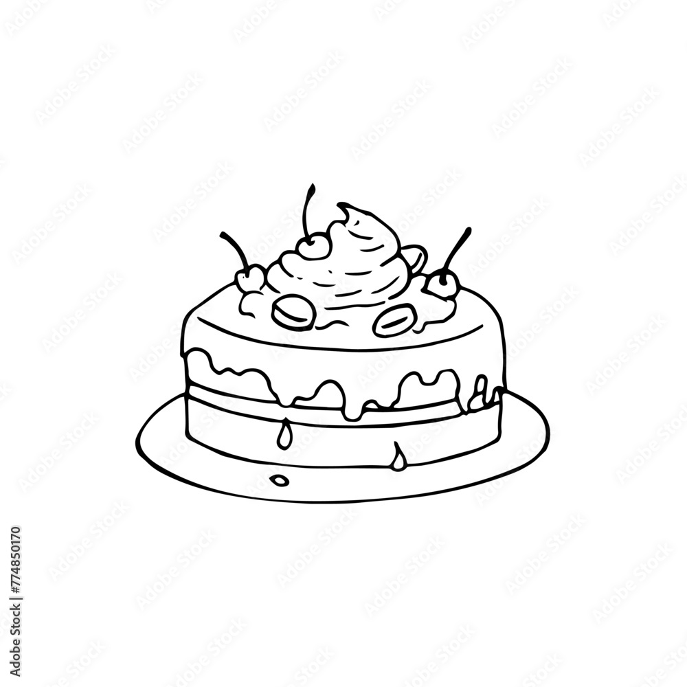 Hand-drawn cake illustration. Doodle style dessert. Cake with cherries and cream. Hand-drawn cake illustration. Doodle style dessert. Cake with cherries and cream.