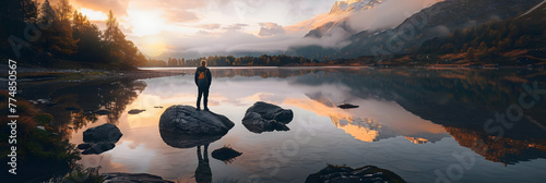 Lone wanderer witnessing sunrise over the lake photo