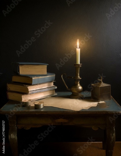An antique desk cluttered with books and parchments, illuminated by a wax-dripping candle in an old brass holder, evoking the charm of late-night studies or writings.
