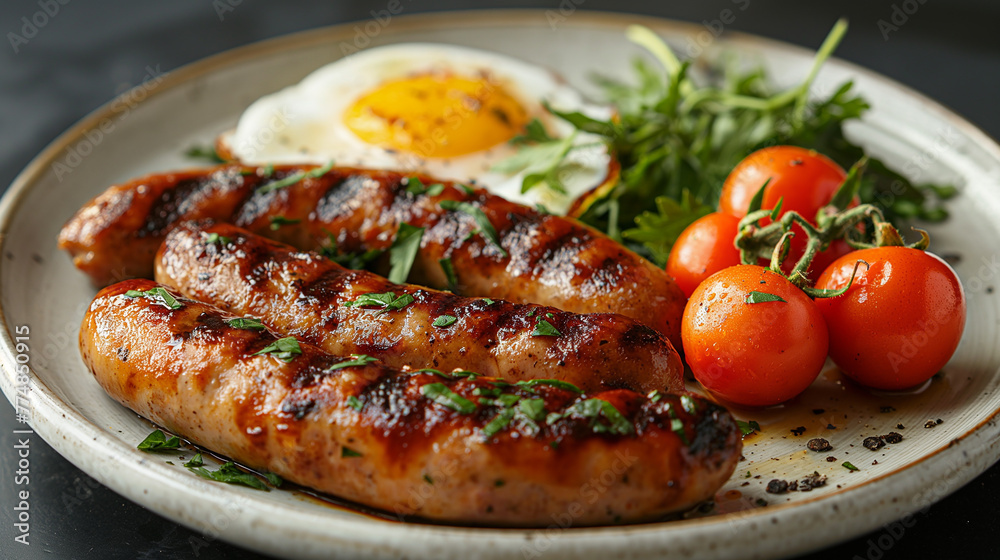 Grilled sausages with fried egg, tomatoes and arugula Grilled sausages with fried egg, tomatoes and arugula