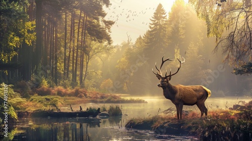 Deer in the wild nature, wide panoramic banner or web site header with copy space.