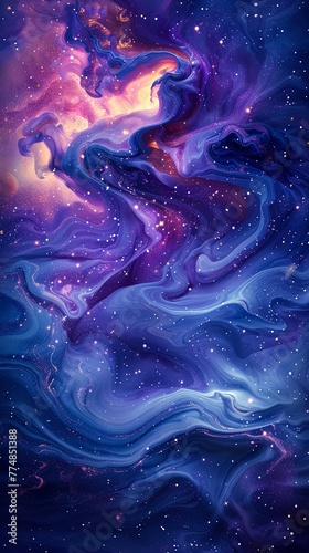 A cosmic scene rendered in thick, swirling layers of paint, with deep blues and purples. Vertically oriented. 