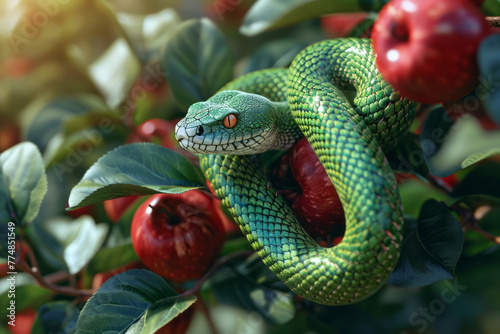 Green snake on a tree with red apples and green leaves close up. Forbidden fruit motif with space for text or inscriptions
