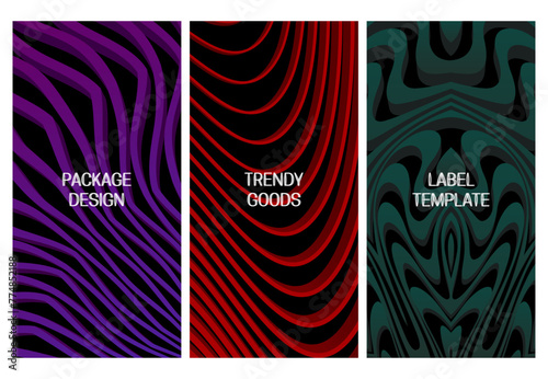 Set of vertical abstract volumetric backgrounds with colored 3D stripes. Good for packaging design.