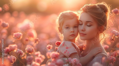 Tender Embrace of Mother and Child in Blossoming Garden.
