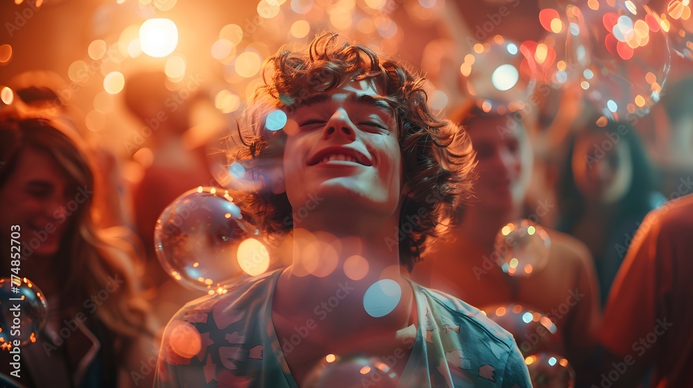 A young person at a party with a lot of atmosphere and soap bubbles. Concept: happiness, enjoyment, fun A young person at a party with a lot of atmosphere and soap bubbles. Concept: happiness, enjoyment, fun