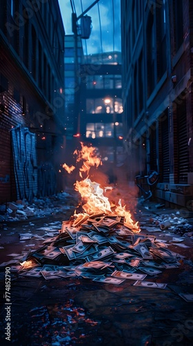 Mountain of money burnt in the middle of the street by street gangs. Concept: money, fire, firemen