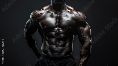 Athletic black male muscular body on a black background created with Generative AI © mg photo