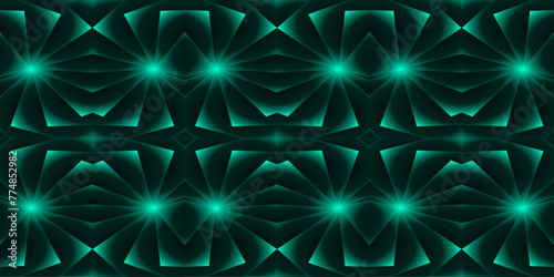 abstract magical technical futuristic background with geometric elements, dark atmosphere, geometric technology design in black and dark green with lights, seamless geometric luminous pattern 