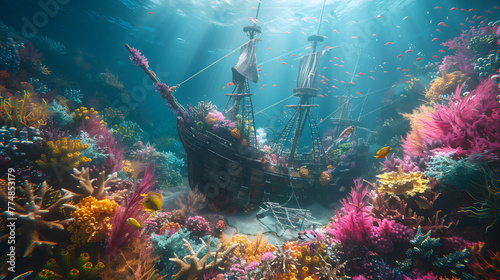 A sunken pirate ship turned coral reef, underwater 2D scene photo