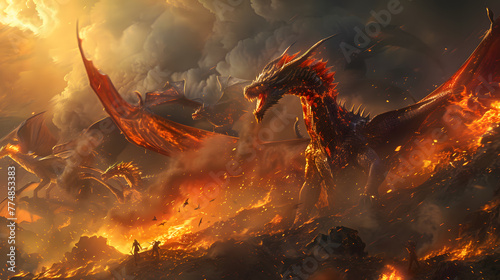 High fantasy battle scene with dragons, in epic 3D cinematic style