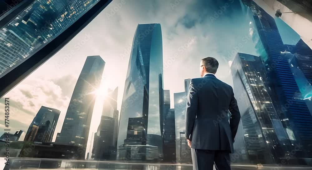 A man in a business suit stands confidently in front of a row of ...