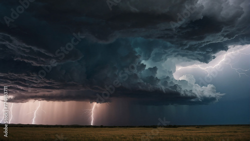 A dramatic thunderstorm rolling in over the plains, lightning crackling in the distance. © xKas