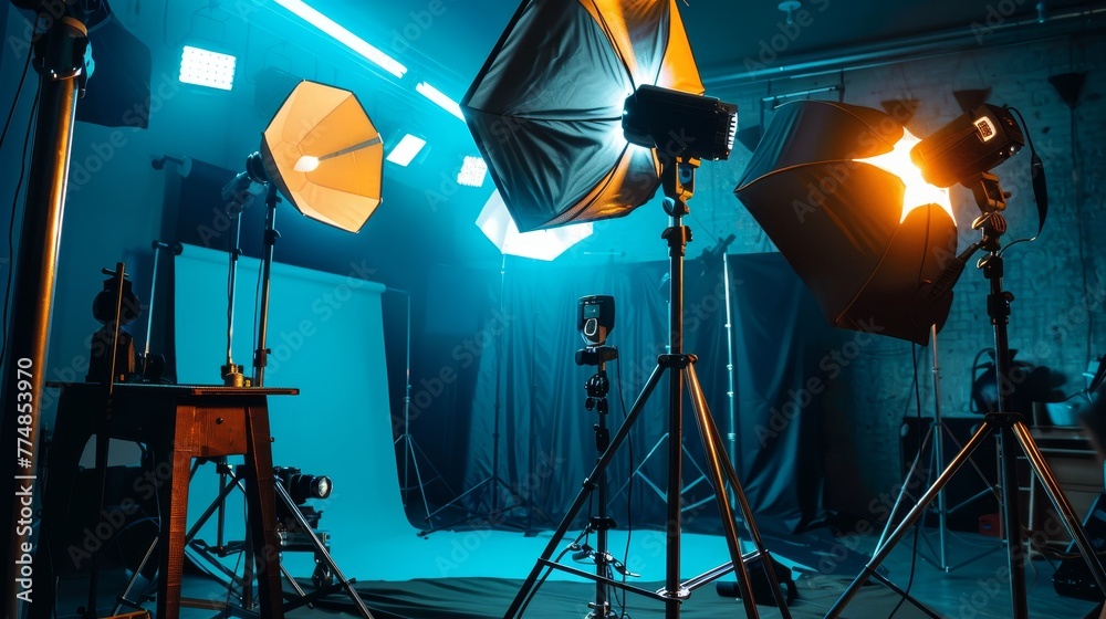 Behind the scene of photoshoot with studio lighting set
