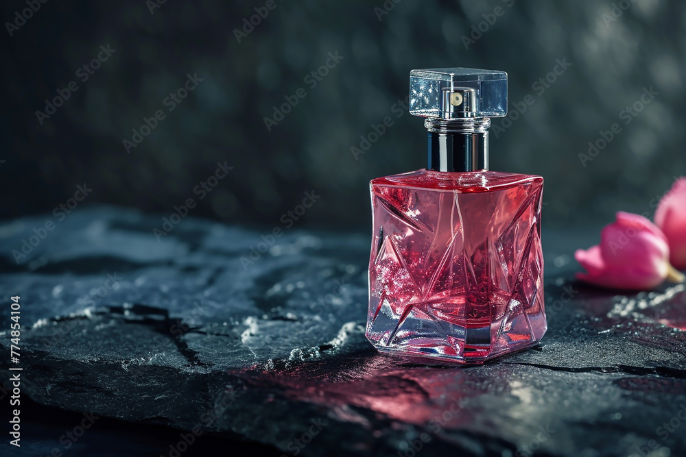 Transparent pink glass perfume bottle standing on dark stones, close-up. The concept of selective perfumery - obrazy, fototapety, plakaty 