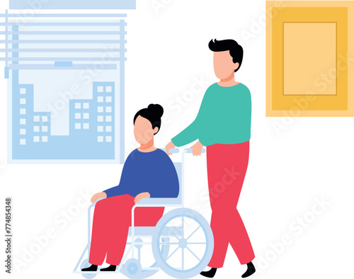 A boy is carrying an old woman in a wheelchair.