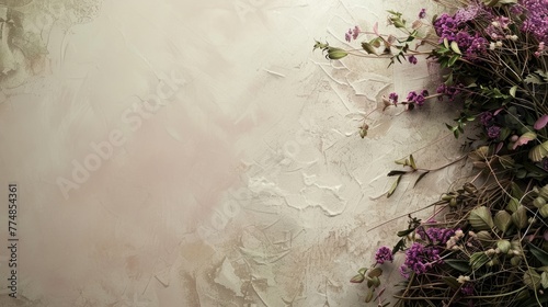 Purple flowers with greenery close up on beige background, spring concept.