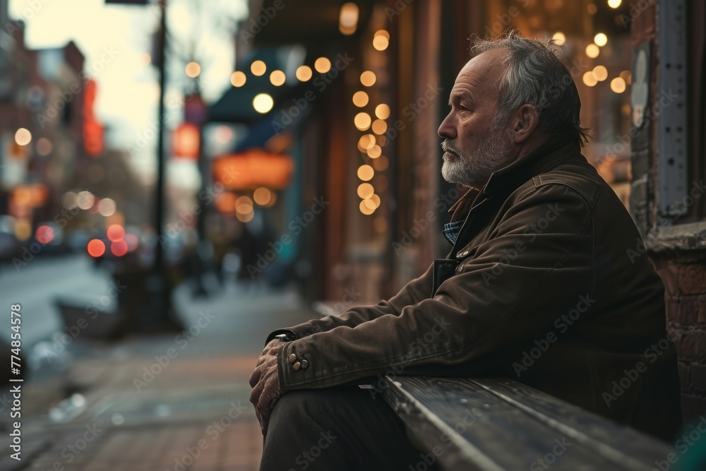 Elderly man sitting on a bench in the city at night Elderly man sitting on a bench in the city at night