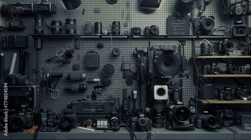 Arrangement of professional photographer equipment 