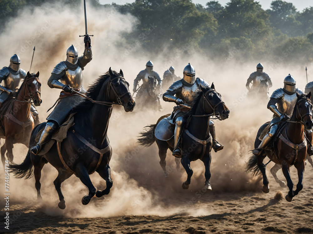 Epic battlefield reenectment: Medieval knights charge into battle with determination, battle of medieval knights soldiers. Generative AI