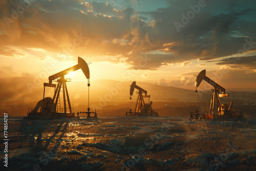 Oil extraction on field background. Change in oil prices caused by the war
 photo