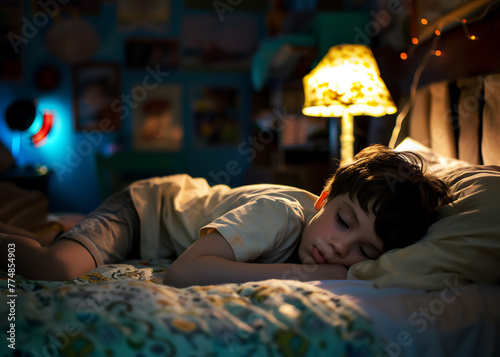 Jeune garçon, déprimé, pensif, somnolant, dormant,  allongé sur  son lit photo