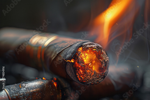 Glowing cigar close up with smoke, macro 